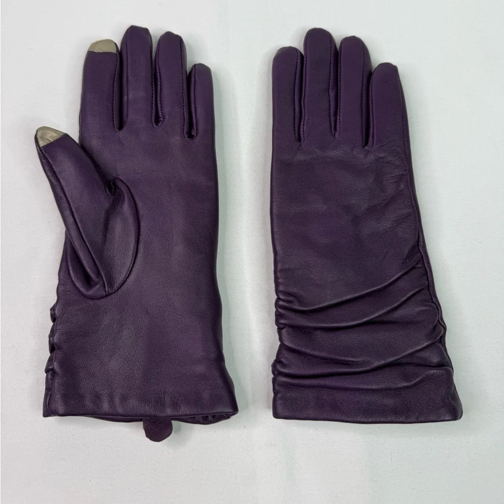 Leather Winter Thinsulate Lined Purple Gloves Ruched Back Size Medium
